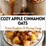 Glass jar filled with Thick Overnight Oats topped with cinnamon apples and oats for a cozy fall breakfast.